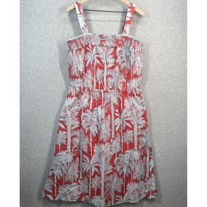 Talbots Red Tropical Palm Tree Smocked Midi Dress Womens 16 New Vacation Beach